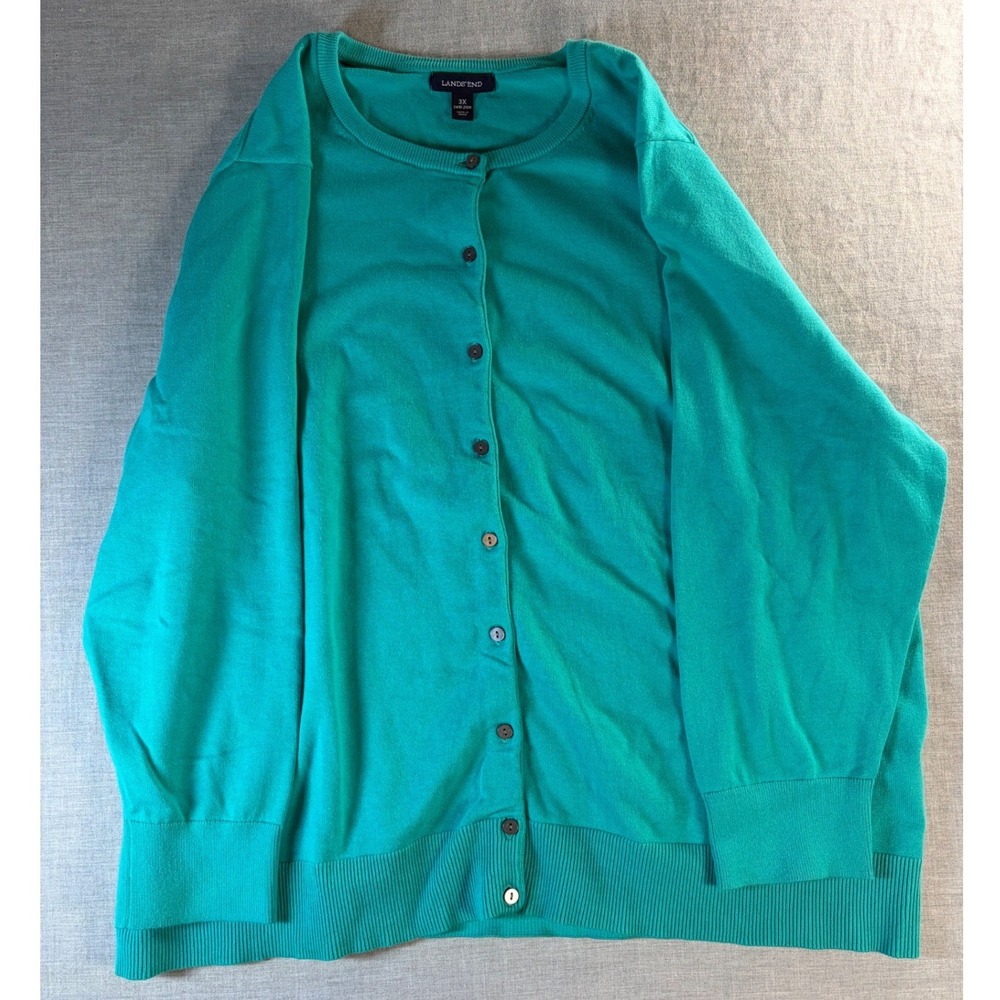 Lands End Womens 3X Teal Green Button Front Crew Neck Cardigan